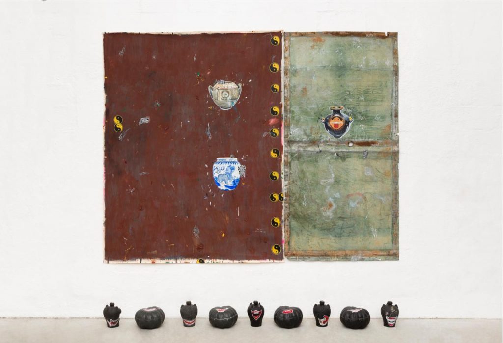 Paulo Nimer Pjota, Smile, 2018, acrylic, synthetic enamel, oil on iron plate and canvas, and resin objects, 200 × 250 cm