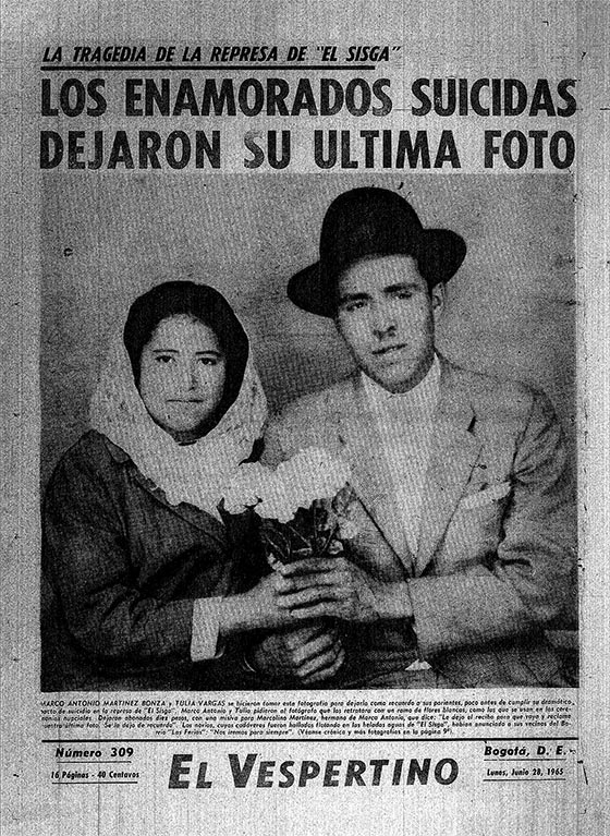Jornal que anunciava o suicídio do casal que protagoniza Los Suicidas del Sisga, de Beatriz González