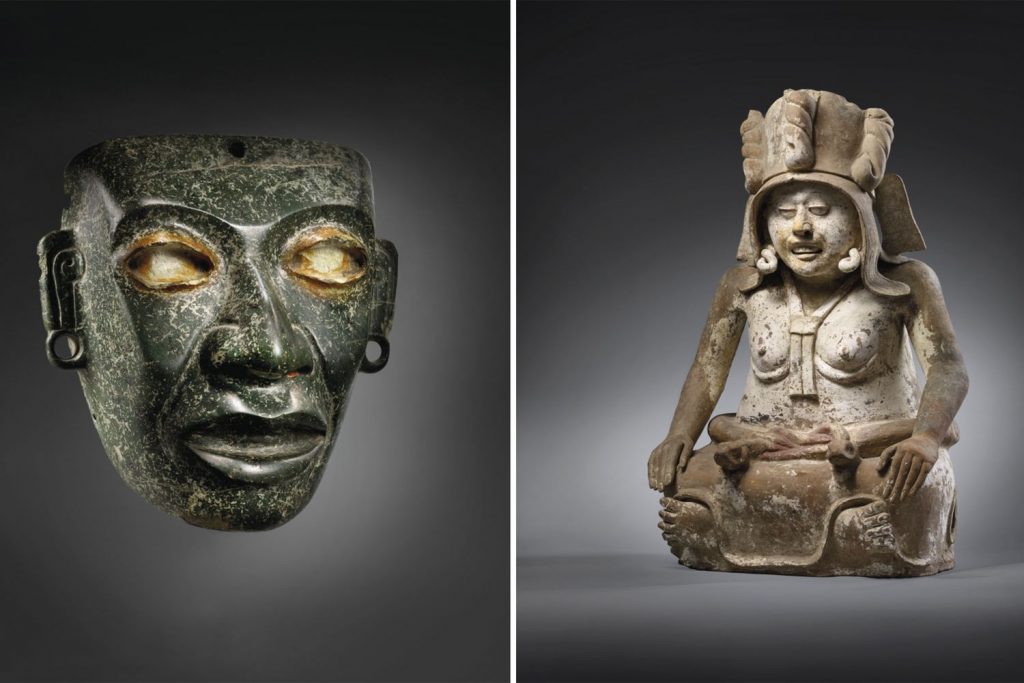 À esquerda, a máscara de Teotihuacan e à direita, a estátua da deusa Cihuatéotl