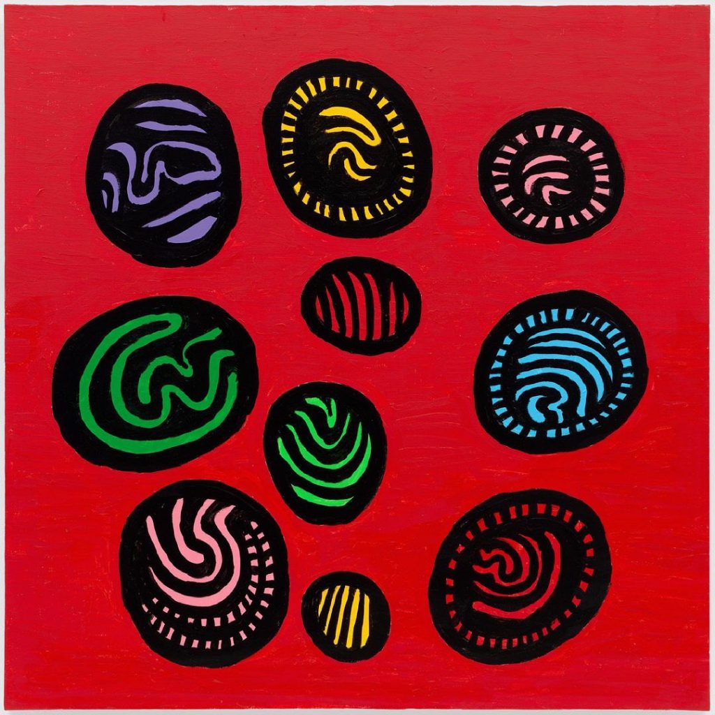 ayoi Kusama, I WHO ASPIRED TO THE BEAUTY OF A BRILLIANT RED SUNSET GLOW, 2020. Acrylic on canvas, 39 3/8 x 39 3/8 inches (100 x 100 cm)