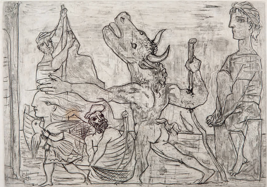 Desenho retrata três figuras humanas, duas delas em um barco, olhando para um minotauro que passa caminhando apoiado a um bastão e sendo guiado por uma menina que carrega um pássaro