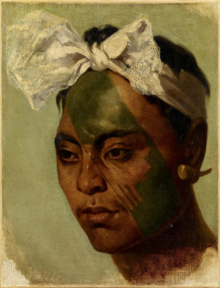 Homem das Ilhas Marquesas tatuado, Polinésia Francesa, Oceania, século 19. Pintura à oleo, Musée du quai Branly - Jacques Chirac, Paris. Doação de Ary Leblond