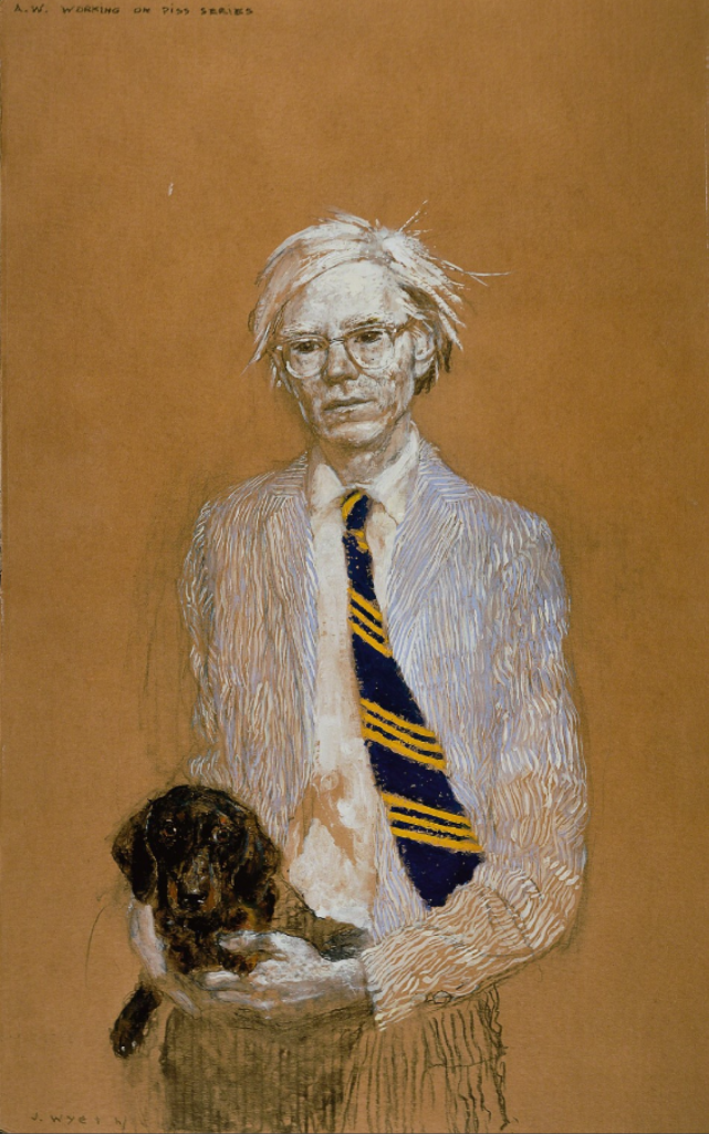 Retrato de Andy Warhol e um dos cachorros que tinha com Jed, por Jamie Wyeth 